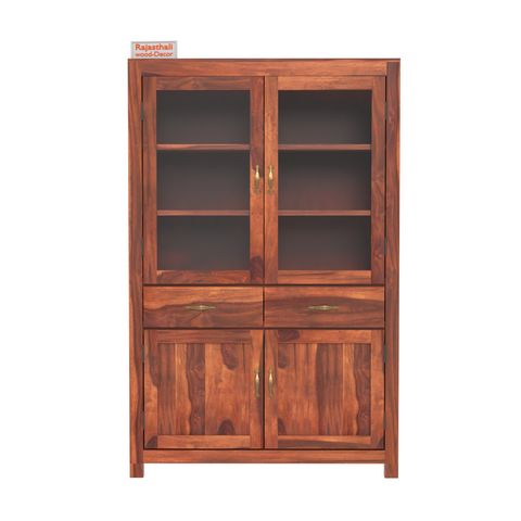 Bened Wooden Glass and Wooden Door Cabinet with two Drawer for Study and kitchen room in Natural and Walnut Finish