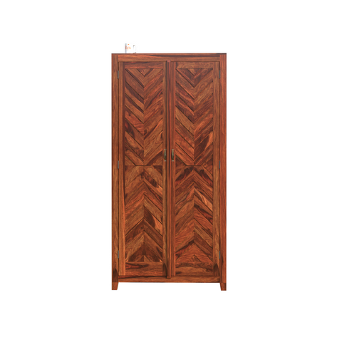 Solid Wood V Design Floor Mounted Wardrobe/ Almirah in Natural Finish - Rajasthali Furniture 