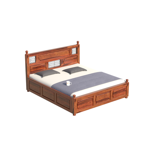 Solid Wood King Size Iron Jali Double Bed with Box Storage in Natural Finish - Rajasthali Furniture 