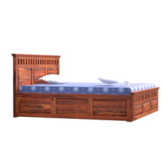 Malen Solid Wood Double Bed with Box Storage in Honey Oak Finish