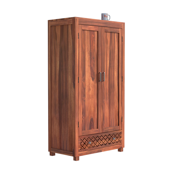 Solid Wood Wardrobe with Double Doors, Decorative Lattice Panel, Natural Honey Oak Finish - Rajasthali Furniture 