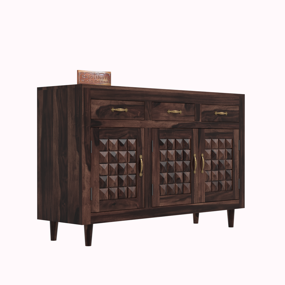 Wooden Sideboard Storage Cabinet with 3 Drawers and 3 Doors Storage Wooden Cabinet for Living Room in Walnut Finish - Rajasthali Furniture 