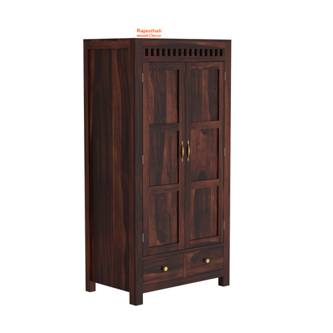 Wooden Two Door and Two Drawer Sheesham Wood Almirah Wardrobe for Bedroom in Honey oak and Dark Color with Natural and Walnut Finish