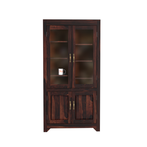 Wooden Display Cabinet with Glass and Wood Doors, 4 Doors Storage Unit in Natural and Walnut Finish - Rajasthali Furniture 