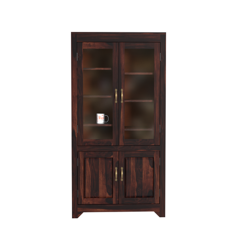 Wooden Display Cabinet with Glass and Wood Doors, 4 Doors Storage Unit in Natural and Walnut Finish