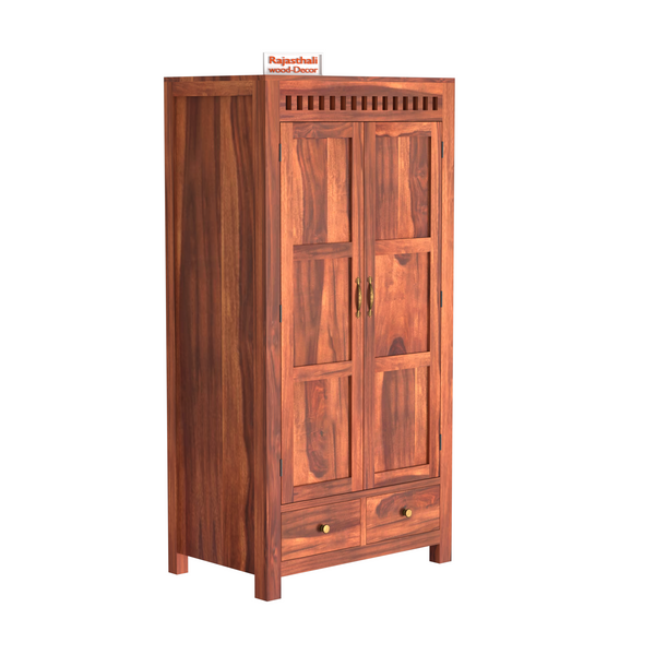 Wooden Two Door and Two Drawer Sheesham Wood Almirah Wardrobe for Bedroom in Honey oak and Dark Color with Natural and Walnut Finish - Rajasthali Furniture 