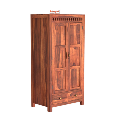 Wooden Two Door and Two Drawer Sheesham Wood Almirah Wardrobe for Bedroom in Honey oak and Dark Color with Natural and Walnut Finish