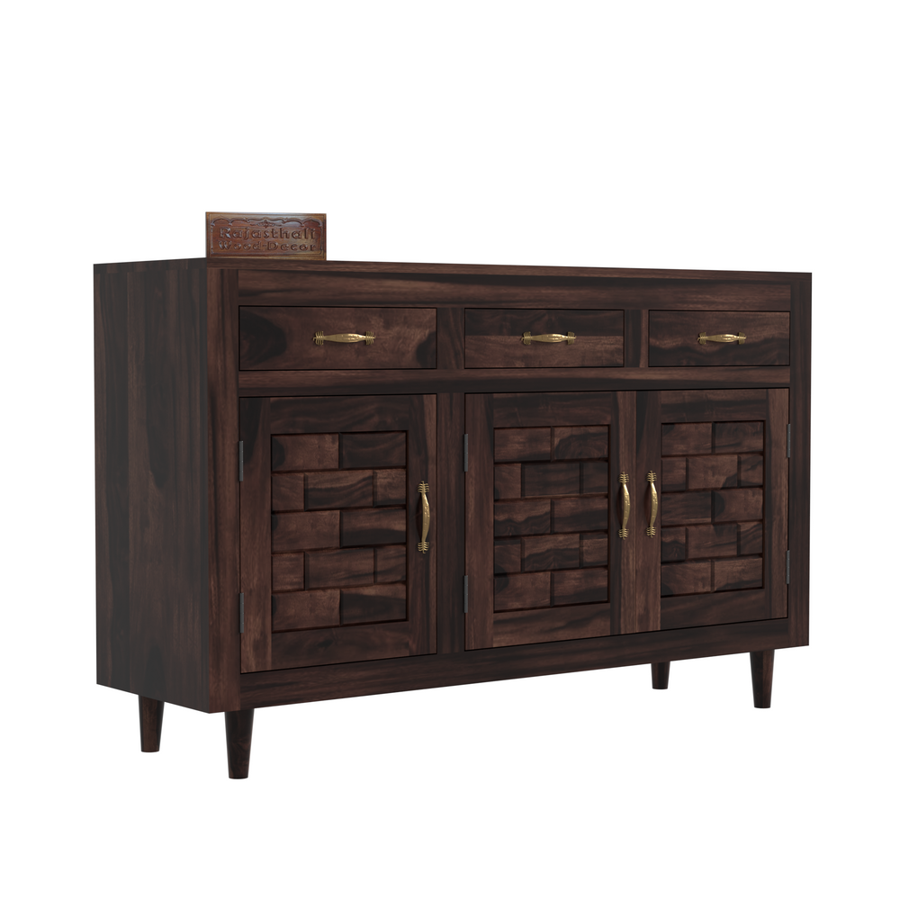Wooden Sideboard Storage Cabinet with 3 Drawers and 3 Doors Storage Wooden Cabinet for Living Room in Walnut Finish - Rajasthali Furniture 
