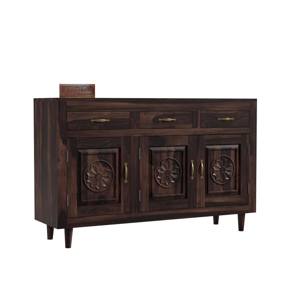 Wooden Sideboard Storage Cabinet with 3 Drawers and 3 Doors Storage Wooden Cabinet for Living Room in Walnut Finish - Rajasthali Furniture 