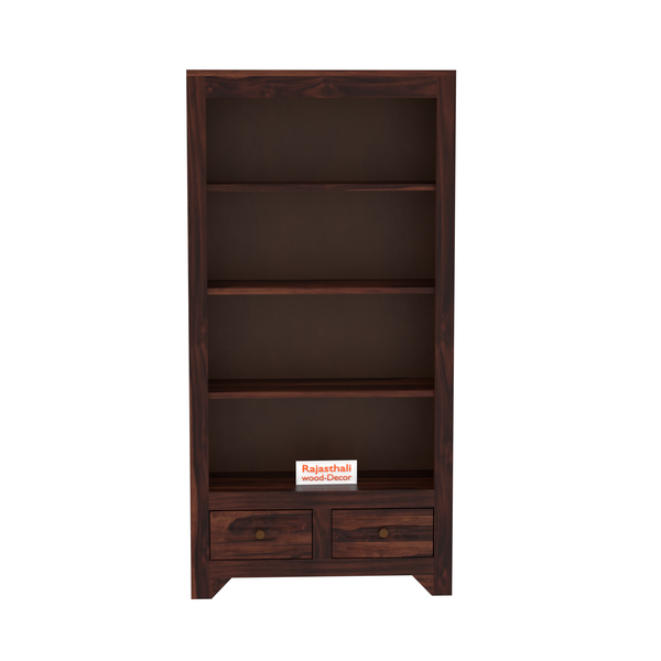 Wooden  Two Drawer 3 Shelves book shelf cum display cabinet in dark Color with Walnut Finish - Rajasthali Furniture 