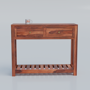 Solid Wood Two Drawer Console Unit with Table Top for Your Bedroom, Wooden Console for Bathroom in Natural Finish - Rajasthali Furniture 