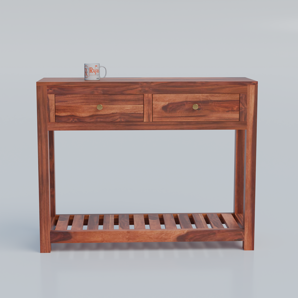 Solid Wood Two Drawer Console Unit with Table Top for Your Bedroom, Wooden Console for Bathroom in Natural Finish - Rajasthali Furniture 