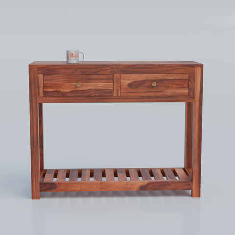 Solid Wood Two Drawer Console Unit with Table Top for Your Bedroom, Wooden Console for Bathroom in Natural Finish