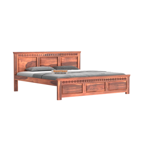 Solid Sheesham Wood King Size Bed with Headboard and Without Storage, Natural Finish