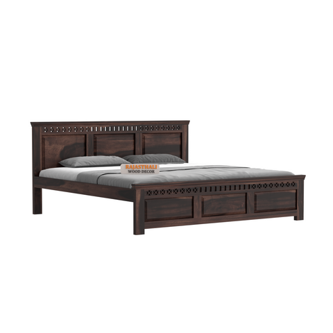 Solid Sheesham Wood King Size Bed with Headboard and Without Storage, Walnut Finish