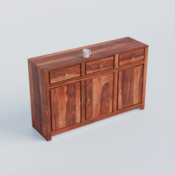 Wooden Side Cabinet with Wooden Doors, 3 Doors and 3 drawers Storage Unit in Natural Finish and walnut finish - Rajasthali Furniture 