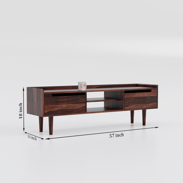 Solid Wood Two Door with one center wooden Shelf LCD cabinet with rustic legs in honey oak finish - Rajasthali Furniture 