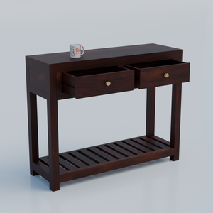 Solid Wood Two Drawer Console Unit with Table Top for Your Bedroom, Wooden Console for Bathroom in Natural Finish - Rajasthali Furniture 