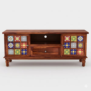 Mosaic Tile Sheesham Wood TV Unit with Storage (Honey Finish)