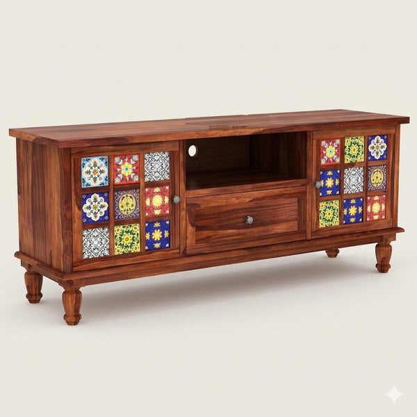 Mosaic Tile Sheesham Wood TV Unit with Storage (Honey Finish)