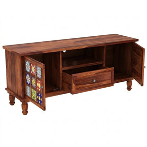Mosaic Tile Sheesham Wood TV Unit with Storage (Honey Finish)