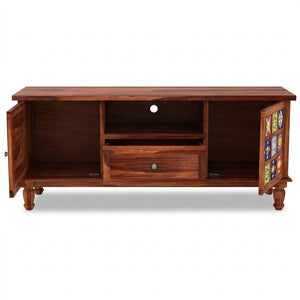 Mosaic Tile Sheesham Wood TV Unit with Storage (Honey Finish)