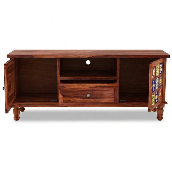 Mosaic Tile Sheesham Wood TV Unit with Storage (Honey Finish)