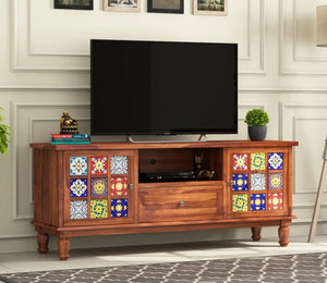 Mosaic Tile Sheesham Wood TV Unit with Storage (Honey Finish)