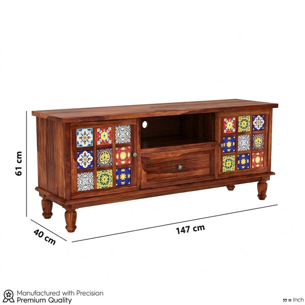 Mosaic Tile Sheesham Wood TV Unit with Storage (Honey Finish)