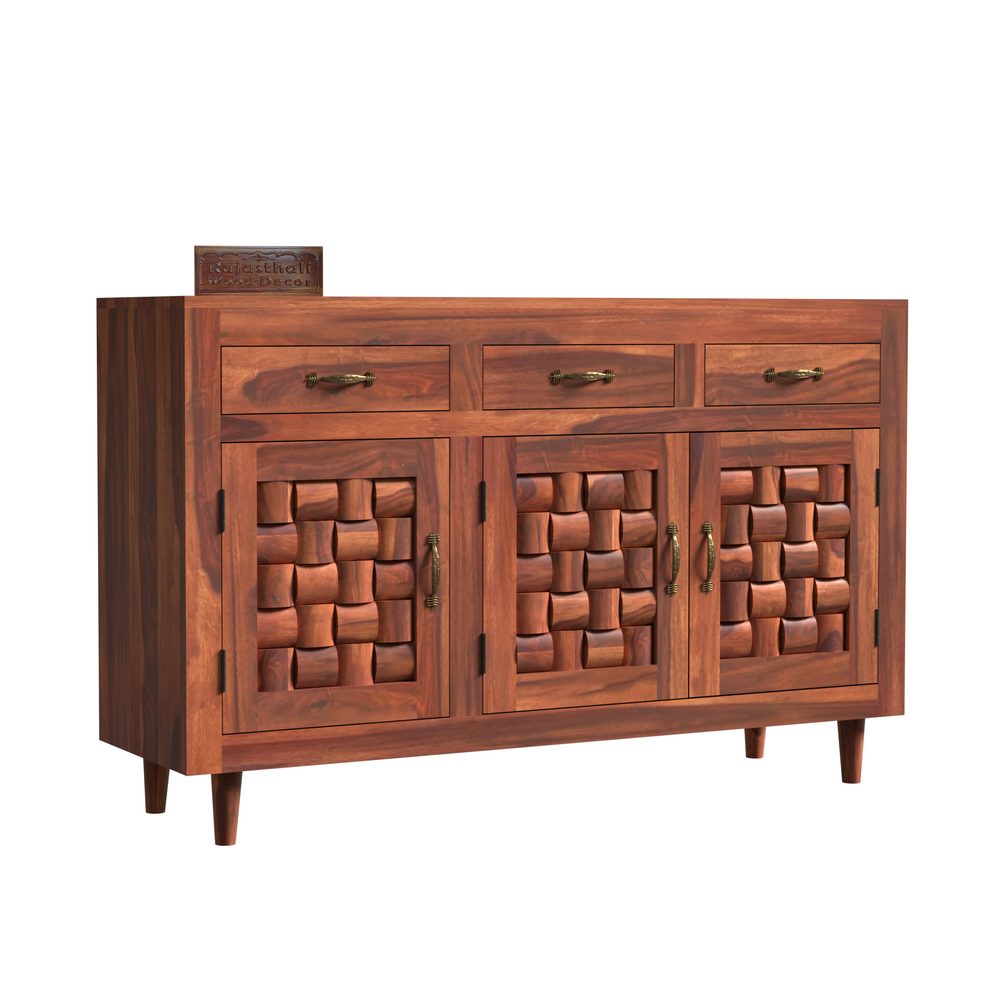 Wooden Sideboard Storage Cabinet with 3 Drawers and 3 Doors Storage Wooden Cabinet for Living Room in Natural Finish - Rajasthali Furniture 