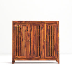 Rajasthali Furniture Solid Sheesham Wood Shoe Cabinet | 3-Door Wooden Shoe Rack with Storage | Entryway Organizer | Natural Finish |