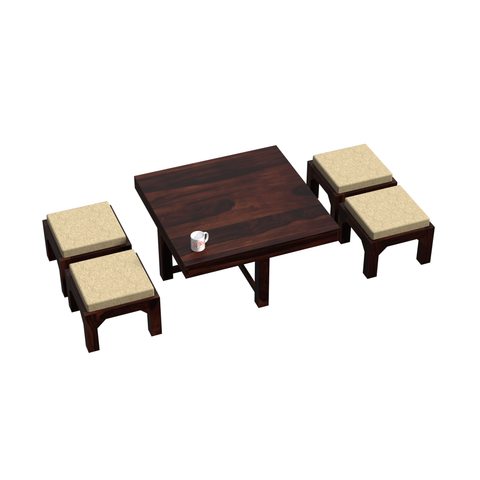 Kerry Wooden Center Table cum Coffee Table with four Stool with upholstery in Natural and walnutFinish 35"