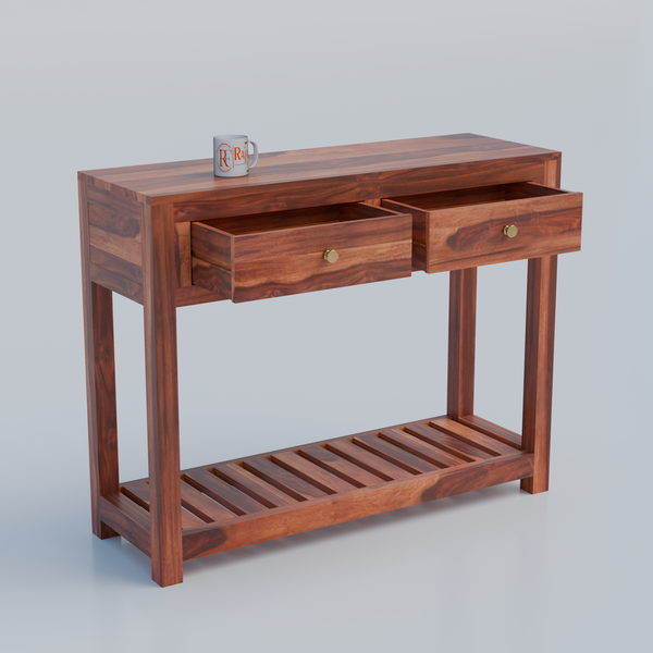 Solid Wood Two Drawer Console Unit with Table Top for Your Bedroom, Wooden Console for Bathroom in Natural Finish - Rajasthali Furniture 