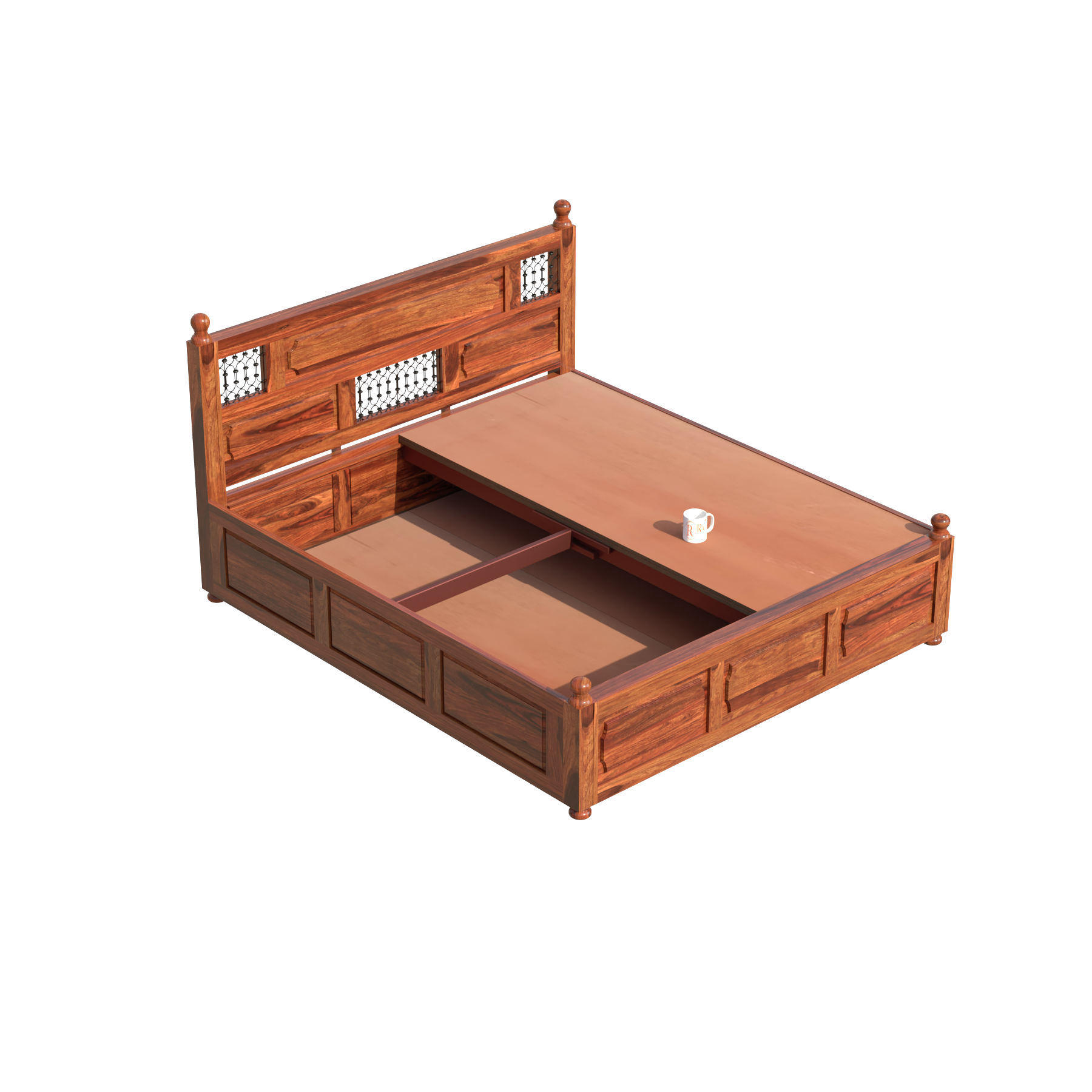 Solid Wood King Size Iron Jali Double Bed with Box Storage in Natural Finish - Rajasthali Furniture 