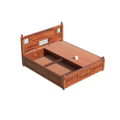 Solid Wood King Size Iron Jali Double Bed with Box Storage in Natural Finish