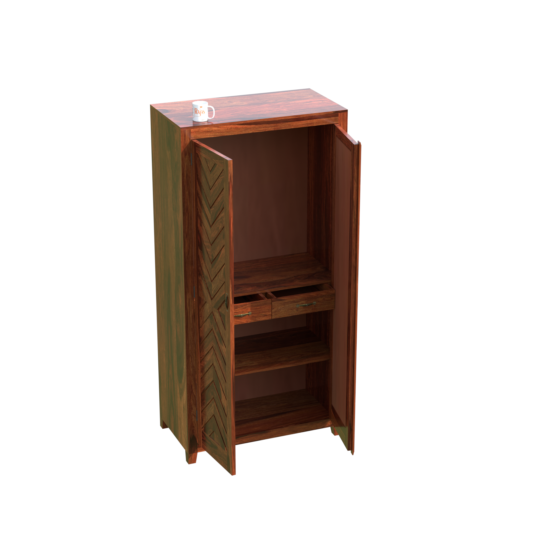 Solid Wood V Design Floor Mounted Wardrobe/ Almirah in Natural Finish - Rajasthali Furniture 