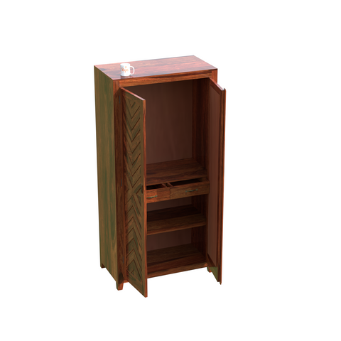 Solid Wood V Design Floor Mounted Wardrobe/ Almirah in Natural Finish - Rajasthali Furniture 