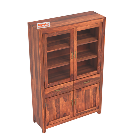 Bened Wooden Glass and Wooden Door Cabinet with two Drawer for Study and kitchen room in Natural and Walnut Finish