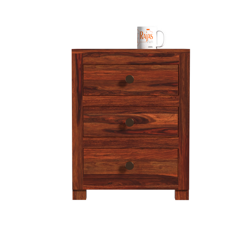 Sun Three Drawer Wooden Bed Side Table/Nightstand in Honey oak Finish - Rajasthali Furniture 