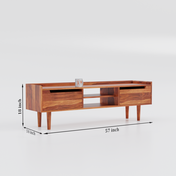 Solid Wood Two Door with one center wooden Shelf LCD cabinet with rustic legs in honey oak finish - Rajasthali Furniture 