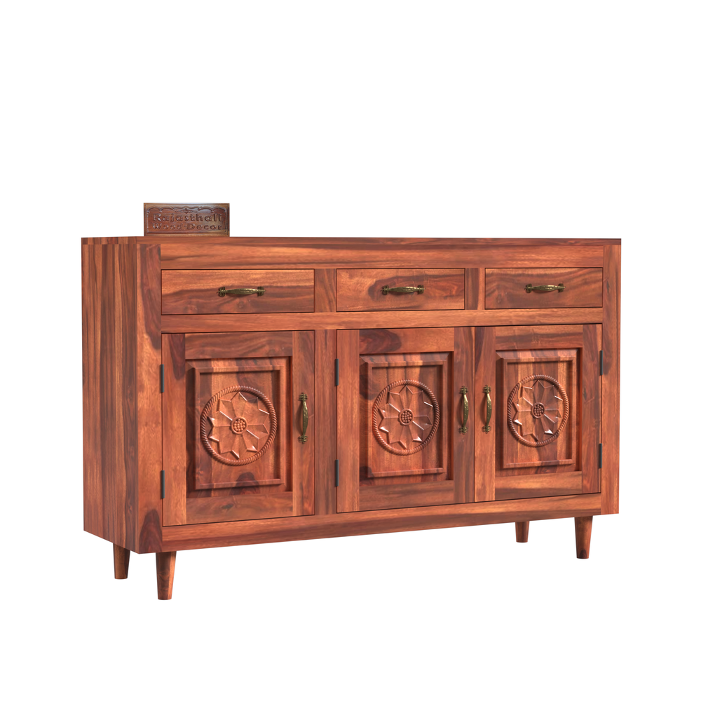 Wooden Sideboard Storage Cabinet with 3 Drawers and 3 Doors Storage Wooden Cabinet for Living Room in Natural Finish - Rajasthali Furniture 