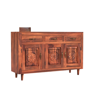 Wooden Sideboard Storage Cabinet with 3 Drawers and 3 Doors Storage Wooden Cabinet for Living Room in Natural Finish - Rajasthali Furniture 