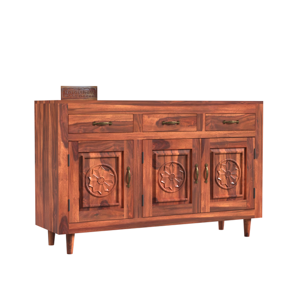 Wooden Sideboard Storage Cabinet with 3 Drawers and 3 Doors Storage Wooden Cabinet for Living Room in Natural Finish - Rajasthali Furniture 