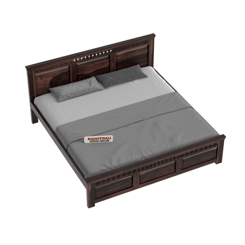 Solid Sheesham Wood King Size Bed with Headboard and Without Storage, Walnut Finish