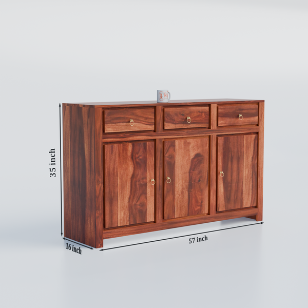 Wooden Side Cabinet with Wooden Doors, 3 Doors and 3 drawers Storage Unit in Natural Finish and walnut finish - Rajasthali Furniture 