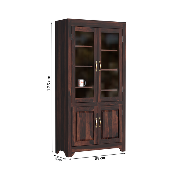 Wooden Display Cabinet with Glass and Wood Doors, 4 Doors Storage Unit in Natural and Walnut Finish - Rajasthali Furniture 