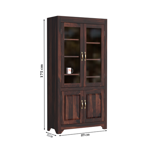 Wooden Display Cabinet with Glass and Wood Doors, 4 Doors Storage Unit in Natural and Walnut Finish