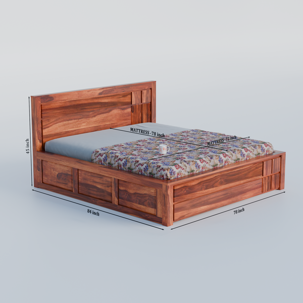 Mattson Solid Wood Double Bed with Box Storage in Honey Oak Finish - Rajasthali Furniture 