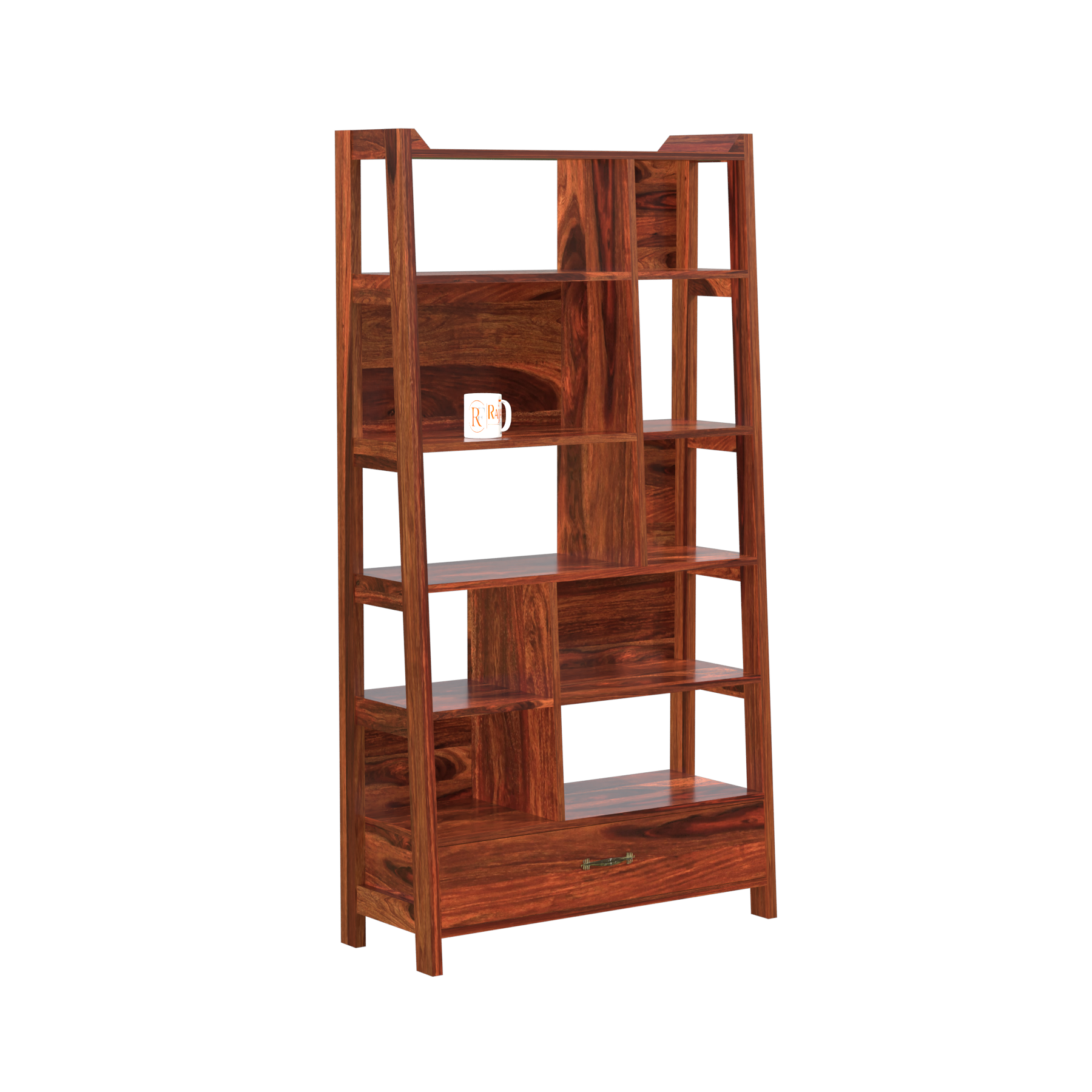 Solid Sheesham Wood Taper Bookshelf with one Large Size drawer in Natural Finish - Rajasthali Furniture 