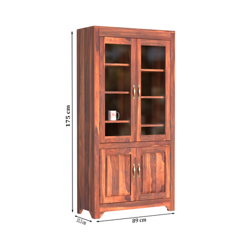 Wooden Display Cabinet with Glass and Wood Doors, 4 Doors Storage Unit in Natural and Walnut Finish